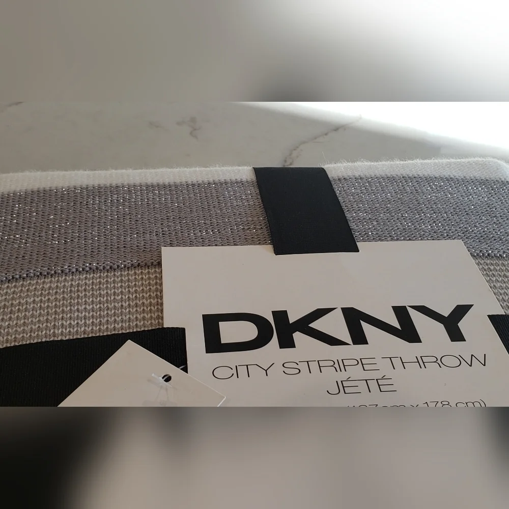 Metallic Sparkle DKNY City Stripe Throw Blanket Neutral Silver, Gray, Tan, Cream